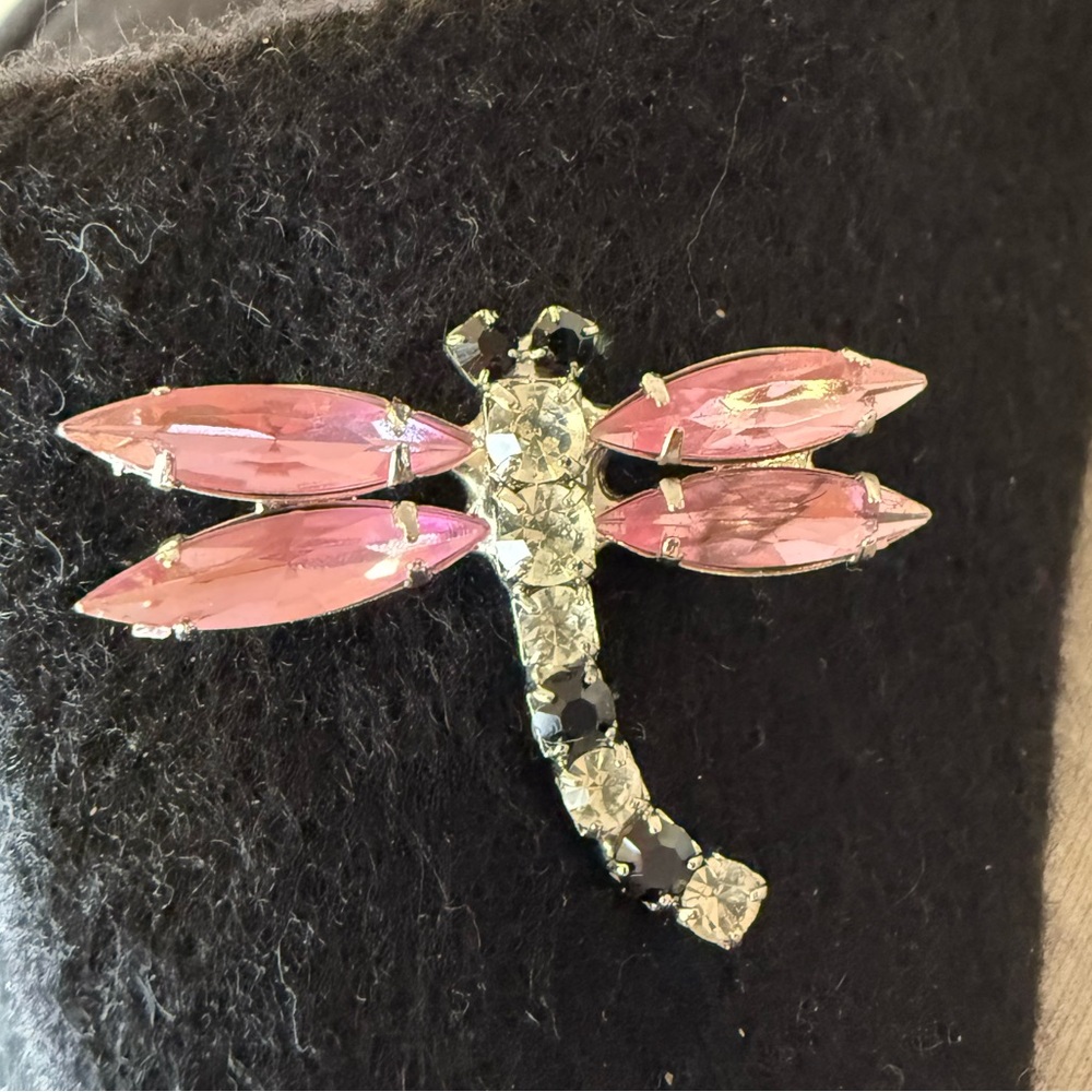 Vintage Silver Dragonfly Brooch with Pink, Clear and Black Crystals